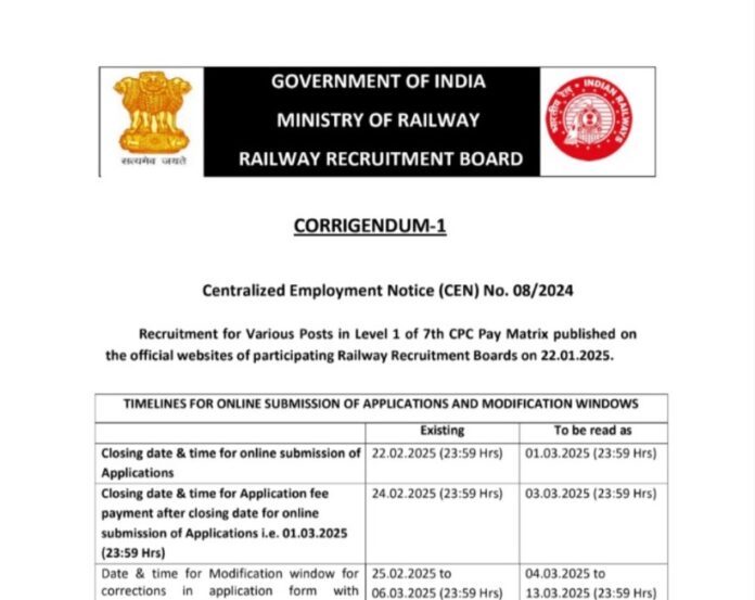 RRB Recruitment 2025 – Last date extended up to 01.03.2025 (Official Notification)