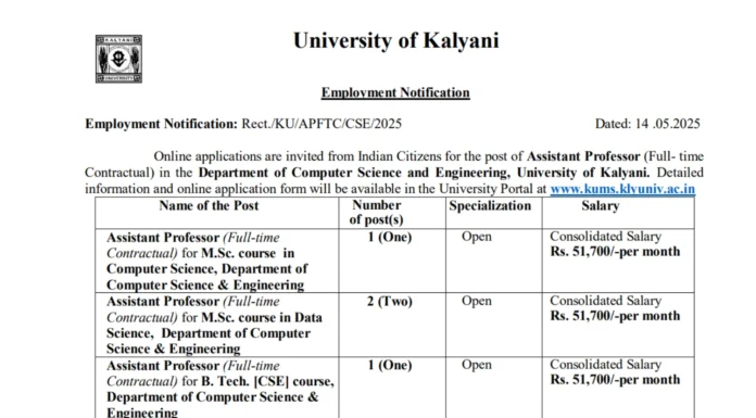 University of Kalyani Recruitment 2025 | Assistant Professor (Full-Time Contractual) Positions in Computer Science & Engineering