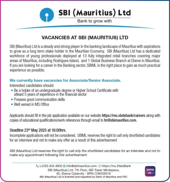 SBI (Mauritius) Ltd Recruitment 2025 | Vacancies Open for Associate/Senior Associate