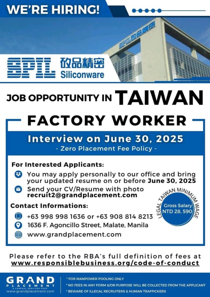 SPIL TAIWAN Recruitment 2025 | Interview Date 30 June 2025