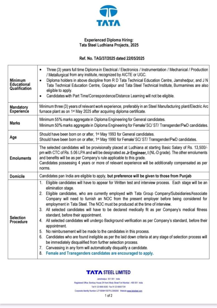TATA Steel Limited Recruitment 2025 | Diploma Engineers Hiring for Ludhiana Projects