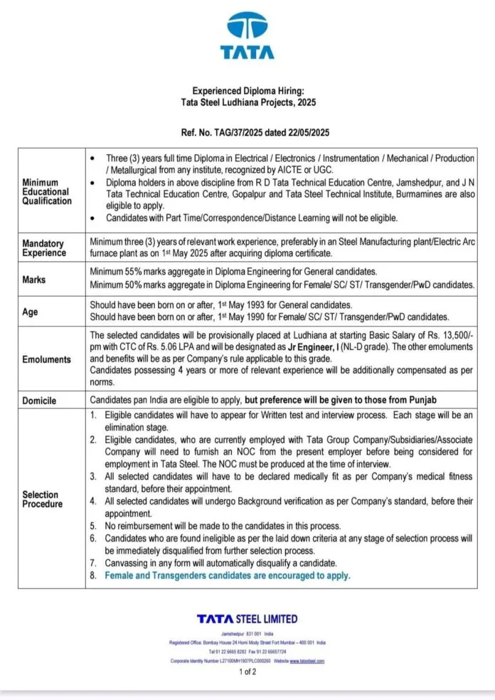 TATA Steel Limited Recruitment 2025 | Diploma Engineers Hiring for Ludhiana Projects