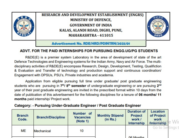 DRDO Paid Internship 2025 | Opportunity for Engineering & Science UG/PG Students