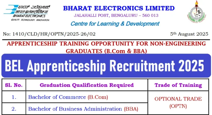 Bharat Electronics Limited (BEL) Recruitment 2025 | Graduate Apprenticeship Training for Non-Engineering Graduates (B.Com & BBA)