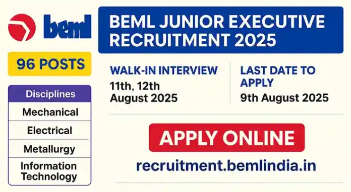 BEML Limited Recruitment 2025 | Apply Online -Junior Executive Vacancies (Contract Basis)