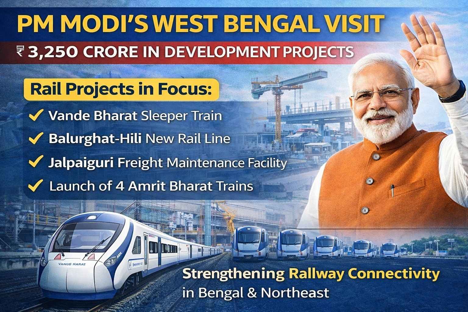 PM Modi to Visit West Bengal 3,250 Crore Development Push, Vande Bharat Sleeper Train and Major Rail Projects Announced