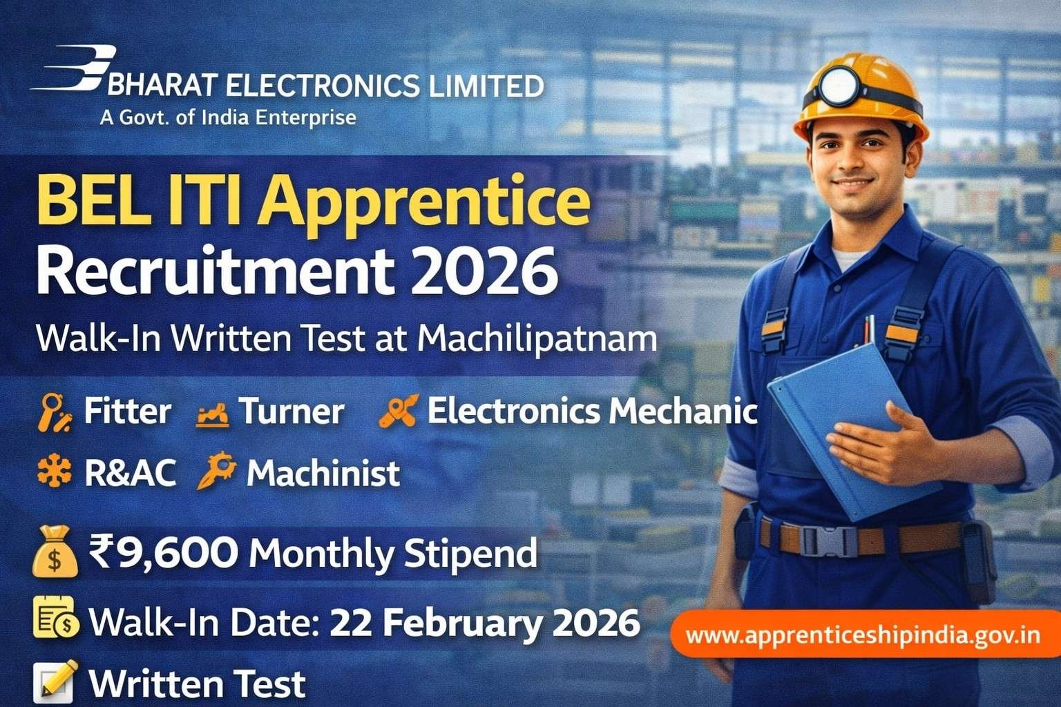 BEL ITI Apprentice Recruitment 2026 Walk-In Test Announced at Machilipatnam