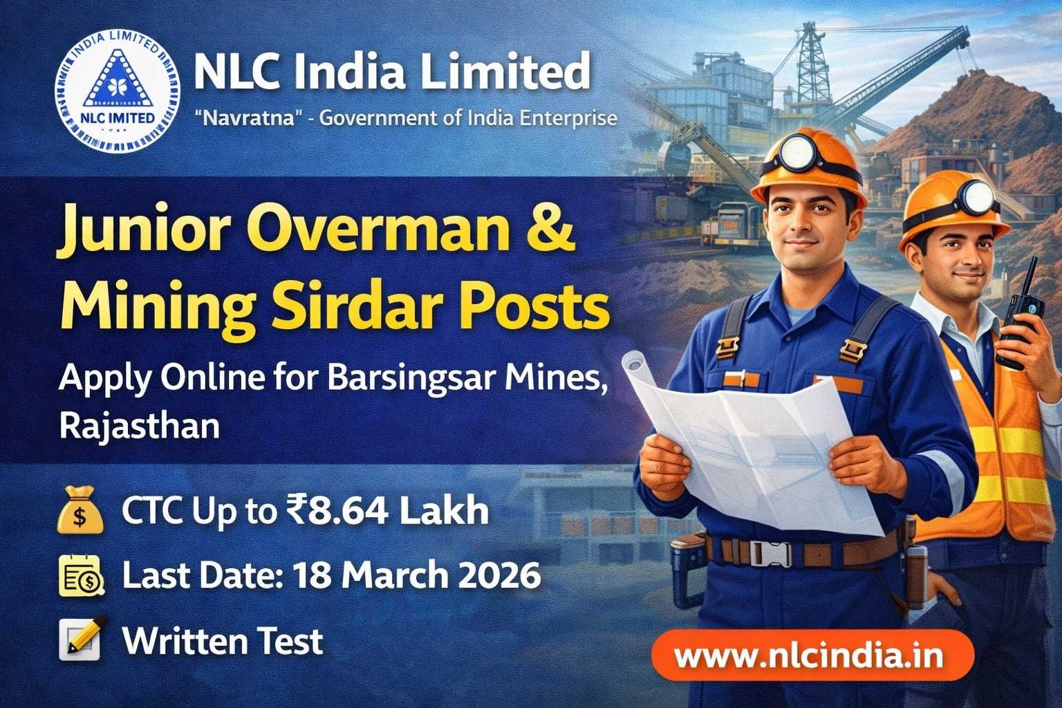 NLC India Recruitment 2026 Apply Online for Junior Overman & Mining Sirdar Posts at Barsingsar Mines